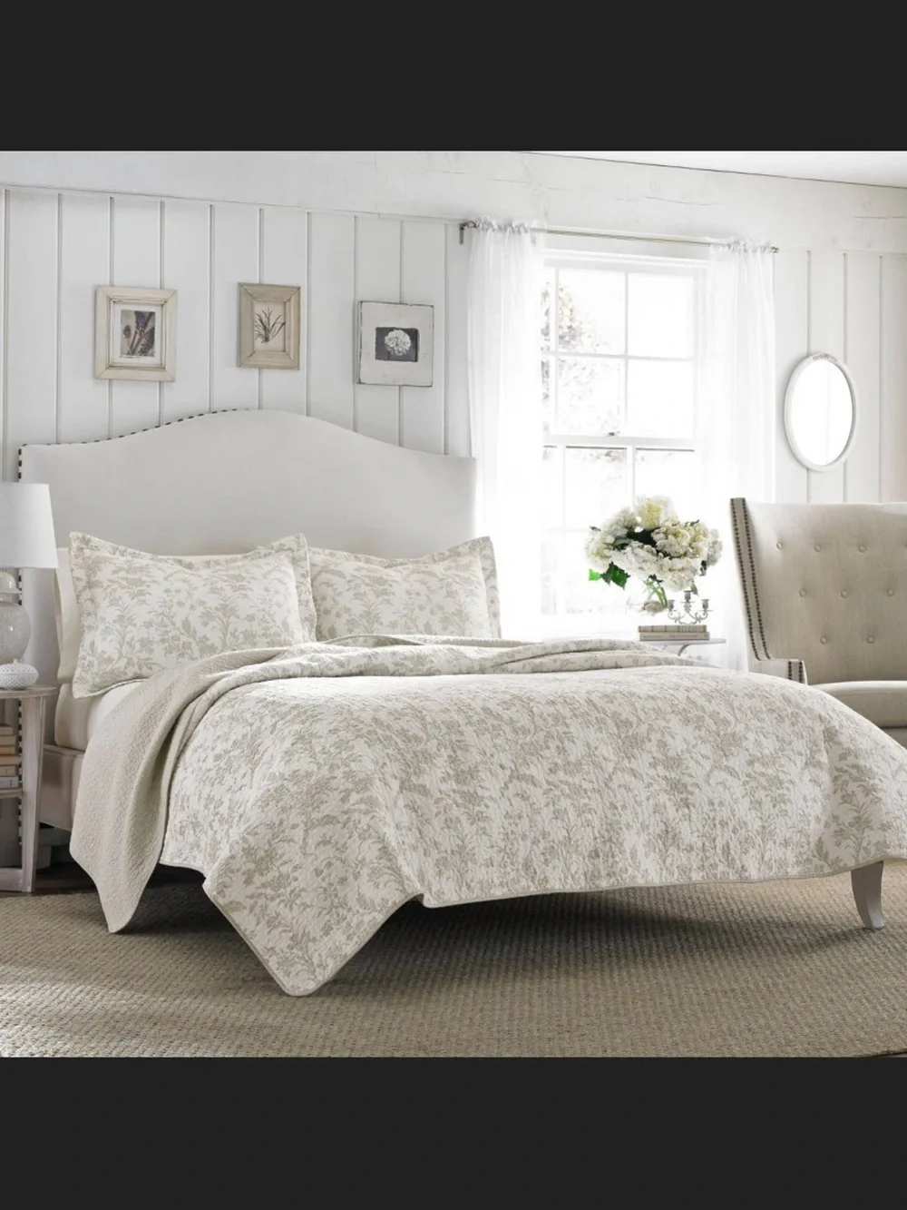 Laura Ashley Cream and Taupe Floral Quilted Comforter Set